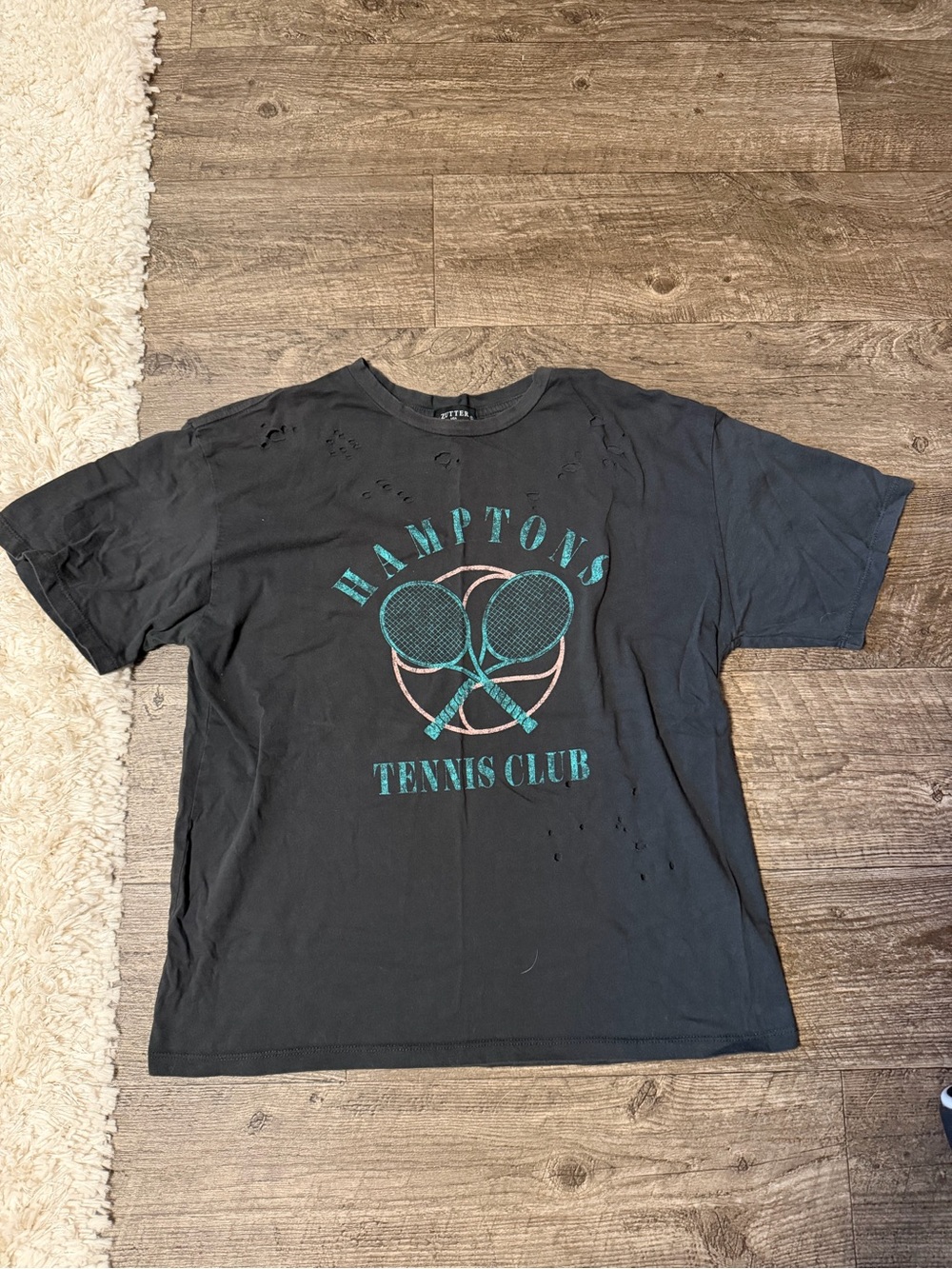 Hamptons Tennis Club Graphic Tee - Black with Teal & Light Pink Print